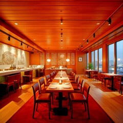 Modern restaurant interior with wooden decor and elegant lighting, cozy dining ambiance at evening
