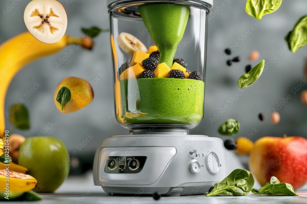 Poster digital 3d animation of a detox smoothie being made, with fruits like banana, apple, and spinach flo