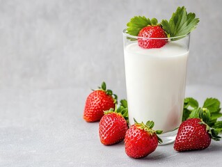 Glass of kefir with fresh strawberries, promoting probiotic benefits for gut health, probiotic, kefir, strawberries, wellness
