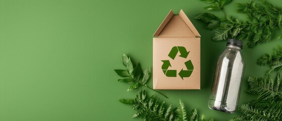 Recycling box and glass bottle surrounded by green leaves on a green background.