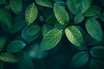 Fototapeta premium Lush Green Leaves with Dew Drops Glimmering in Natural Light