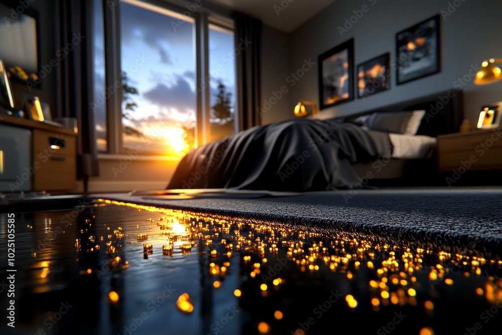 Poster Digital 3D model of a sunrise, showing the light breaking through a bedroom window and illuminating every object in the room with hyper-realistic lighting effects