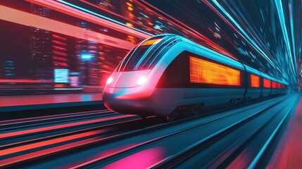 Fototapeta premium A hightech highspeed train with LED holographic advertisements on the side, racing through a bustling cyberpunk city