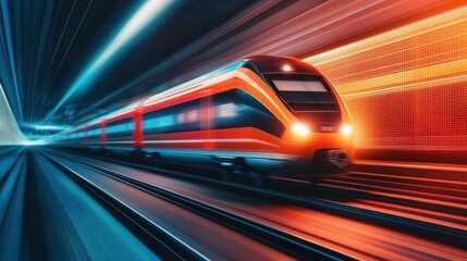 Highspeed train racing along a digital track surrounded by neon grids and holographic signs, concept of modern tech and speed