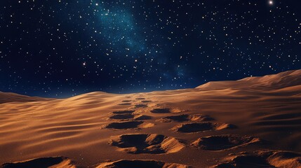 A close-up of desert sand with footprints leading into the horizon, under a clear night sky filled with countless stars