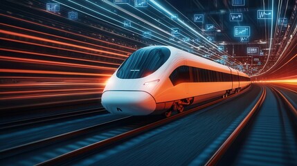 Fototapeta premium Futuristic highspeed train with sleek, aerodynamic design racing across a digital landscape filled with floating data icons and neon lights