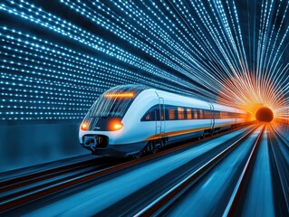 Fototapeta premium Sleek highspeed train moving through a glowing tunnel with fiber optic lights, symbolizing the convergence of speed and technology