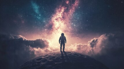 Fototapeta premium Astronaut Standing on a Planetary Surface with a Starry Sky Above