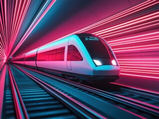 Fototapeta premium A bullet train powered by AIdriven systems, gliding through a cyberfuturistic tunnel with neon grids and digital displays