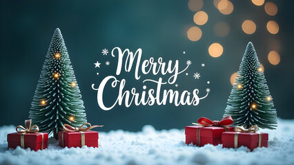 Christmas holiday background photography with white Handwriting thin Letters Merry Christmas over Christmas background with small snow Christmas tree, gifts and balls