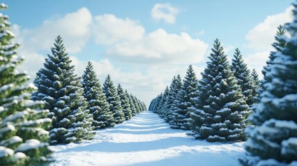 Fototapeta premium A snowy path through a forest of pine trees under a blue sky with fluffy clouds.