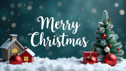 Christmas holiday background photography with white Handwriting thin Letters Merry Christmas over Christmas background with small snow Christmas tree, gifts and balls