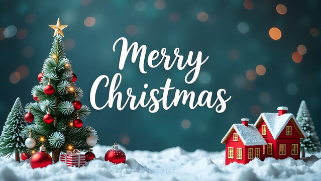 Christmas holiday background photography with white Handwriting thin Letters Merry Christmas over Christmas background with small snow Christmas tree, gifts and balls