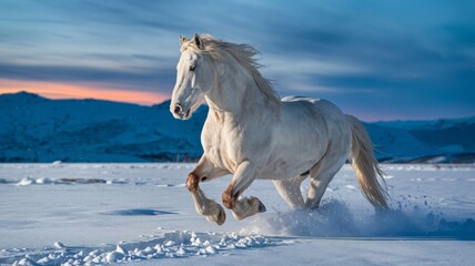 Fototapeta premium A breathtaking photo of a powerful and majestic horse galloping across a snowy landscape.