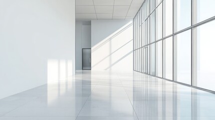 Obraz premium A spacious, minimalist hallway with large windows showcasing a bright, sunny day. 