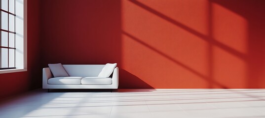 A minimalistic design with an empty picture frame on a large wall, beige walls, and a skylight.