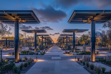 Obraz premium A long pathway lined with modern, geometric structures creates a striking visual effect in this urban park.