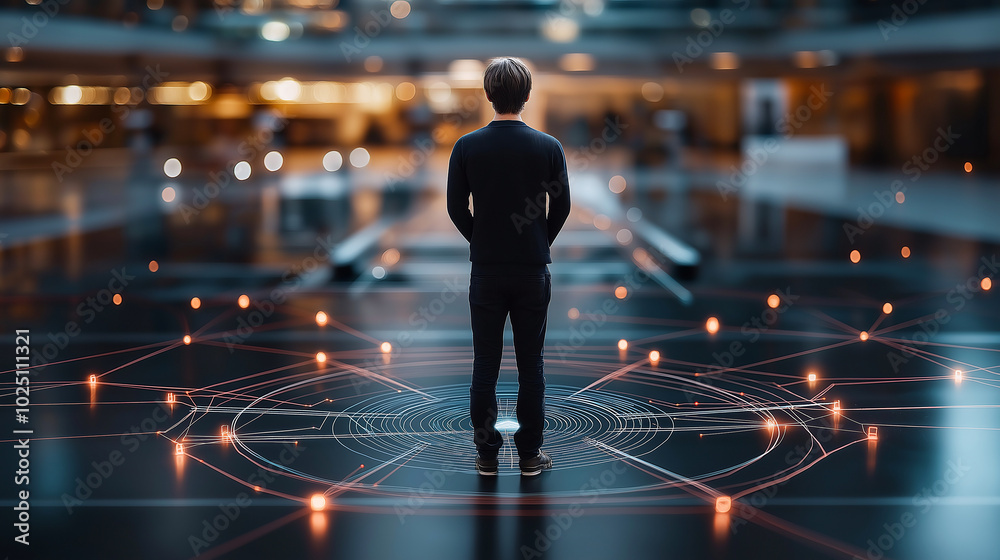 Wall mural person standing in center of digital array, surrounded by glowing lights and patterns, evokes sense 