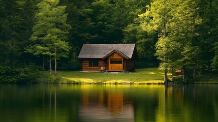 Obraz premium 99. A serene lakeside cabin surrounded by trees