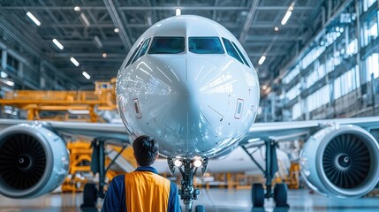 Engineers using AIdriven diagnostics to perform a full maintenance check on a hightech airplane in a sleek hangar