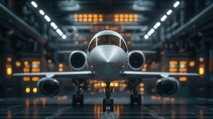 Plane undergoing a maintenance check in a cyberfuturistic workshop, with robotic systems and floating holographic data displays