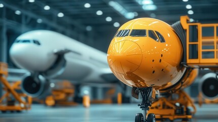 Fototapeta premium Robotic systems performing laserguided inspections on an airplane s fuselage during a routine maintenance check in a digital hangar
