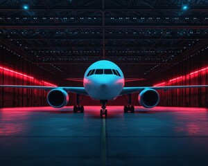 Fototapeta premium Plane undergoing a comprehensive maintenance check in a futuristic hangar, with AI systems running diagnostics and repairs