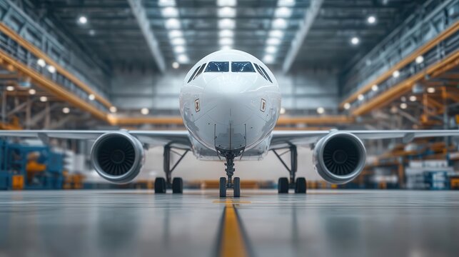 Autonomous systems conducting realtime diagnostics on an airplane during a routine maintenance check in a futuristic hangar