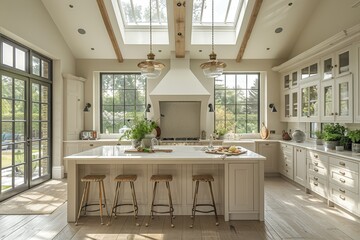 English Country House Kitchen with Skylight and Open Plan Living Room

