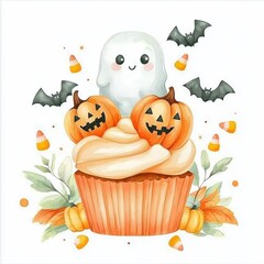 A festive Halloween-themed cupcake adorned with a ghost, pumpkins, bats, and colorful candies, set against a white background.