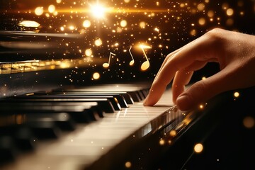 Fototapeta premium A hand gently plays the piano, surrounded by sparkling lights and musical notes, creating a magical atmosphere.