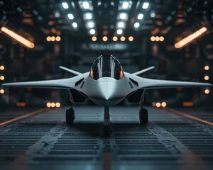 Fototapeta premium Futuristic aircraft undergoing a holographic diagnostic check in a cyberfuturistic maintenance bay, surrounded by AIdriven systems