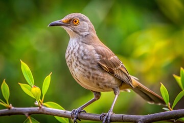 Curved Bill Thrasher Bird Perched on a Branch in Natural Habitat with Lush Greenery Background