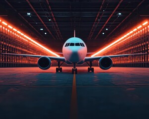 Fototapeta premium Plane undergoing a comprehensive maintenance check in a futuristic hangar, with AI systems running diagnostics and repairs