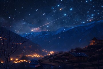 Enchanting Nightscape: Stars and Mountains Illuminate a Serene Village