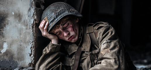 Obraz premium Echoes of the Forgotten A Soldier's Solitude Amid Ruins. In this evocative image, The abandoned building, once full of life and purpose, now serves as a stark reminder of the destruction.