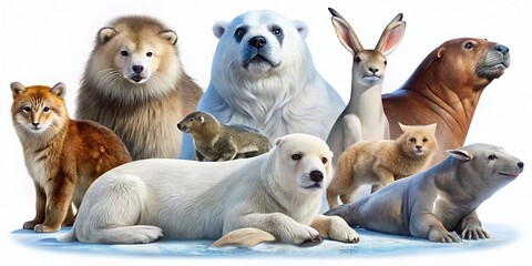 Fototapeta premium Cute Arctic Wild Polar Animals Clip Art: White Bear, Narwhal, Bearded Seal, Walrus, Fox, Rabbit, Snowshoe Hare, and