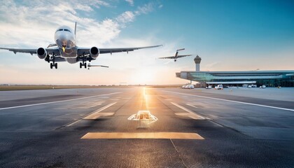 Generated image of a busy airport as seen from the runway. Airplanes are shown in various stages of landing, takeoff and taxing