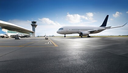 Generated image of a busy airport as seen from the runway. Airplanes are shown in various stages of landing, takeoff and taxing