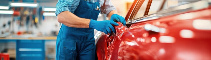 A skilled worker in blue overalls repairs a red car in an auto workshop, showcasing precision and craftsmanship.