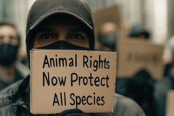 Activist holding sign promoting animal rights during a protest event.