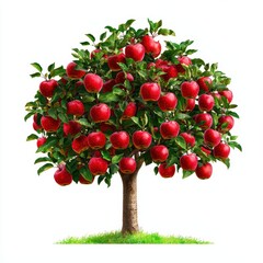 A vibrant apple tree loaded with red apples, set against a white isolated background.