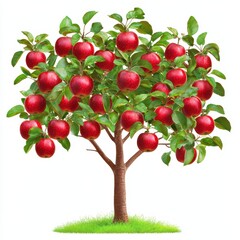 A vibrant apple tree with numerous red apples and lush green leaves, isolated on a white background.