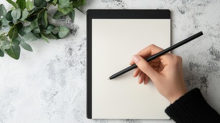 Hand holding pen above blank notepad with plant, creative workspace setup.