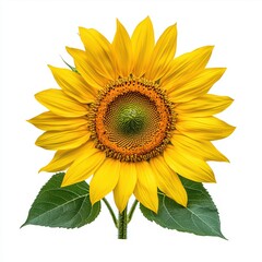 Obraz premium A vibrant sunflower with bright yellow petals and a bold brown center, set against a white isolated background.