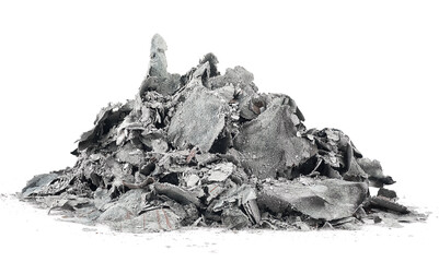 Fototapeta premium Pile of burnt paper isolated on a white background. The ashes of the paper. Charred paper scraps.
