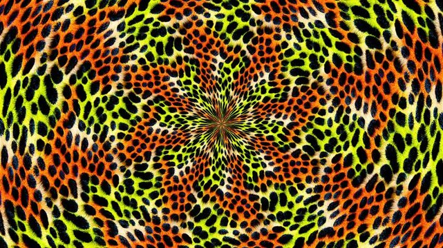 Kaleidoscopic leopard animal print abstract background. Seamless animation of a zoom in wallpaper of printed cheetah fabric
