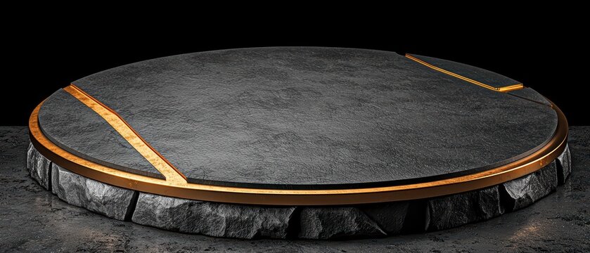 Circular stone podium with sleek metallic accents on a dark background.