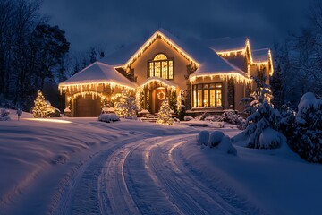 Snow-covered home lit up with festive decor, tire tracks marking the drive.