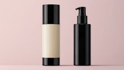 Obraz premium Elegant Black Pump and Cream Bottles on Minimalist Pink Background - Skincare Product Design